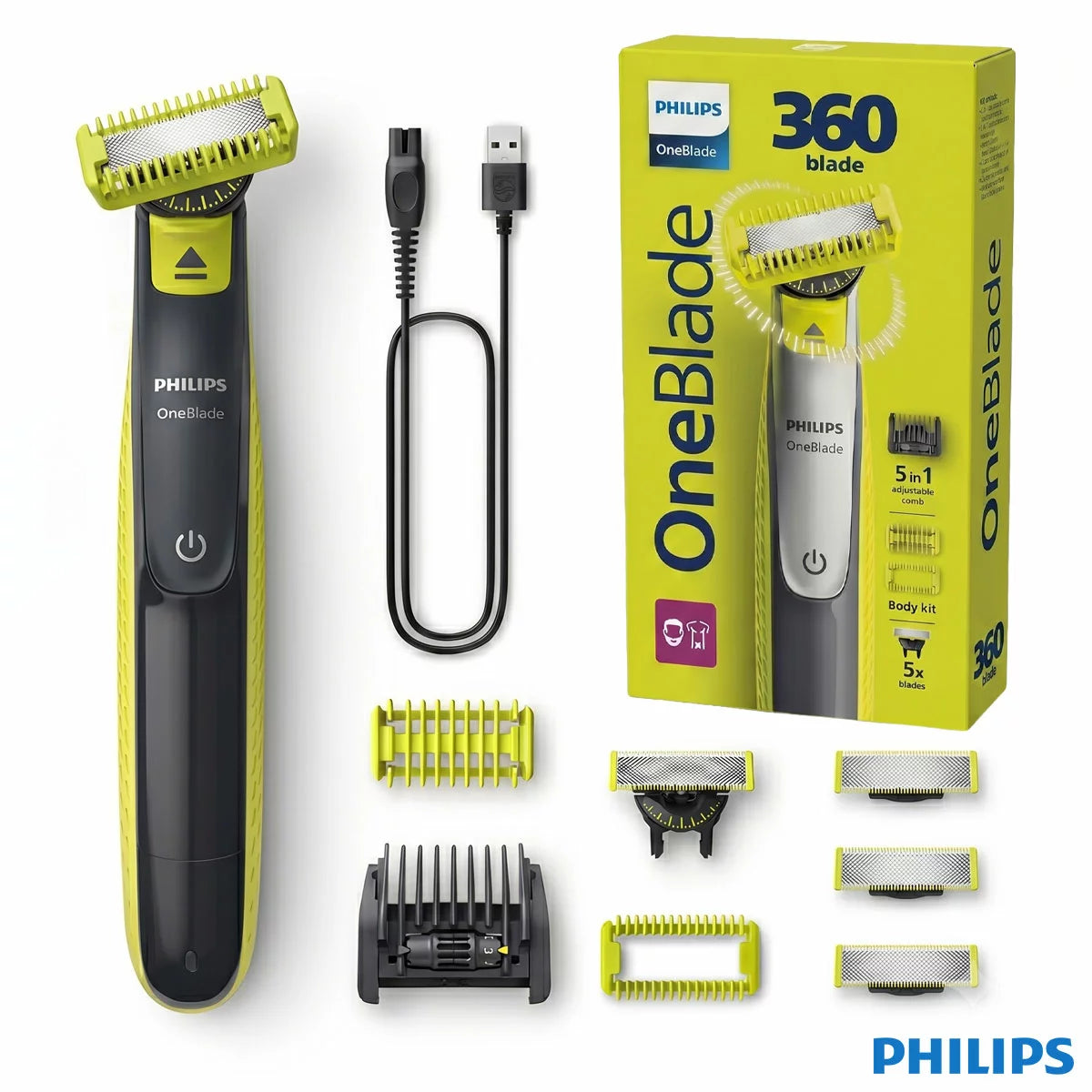Philips OneBlade handle shown with its 360 blade, adjustable comb, and multiple spare blades against a clean, modern bathroom background.