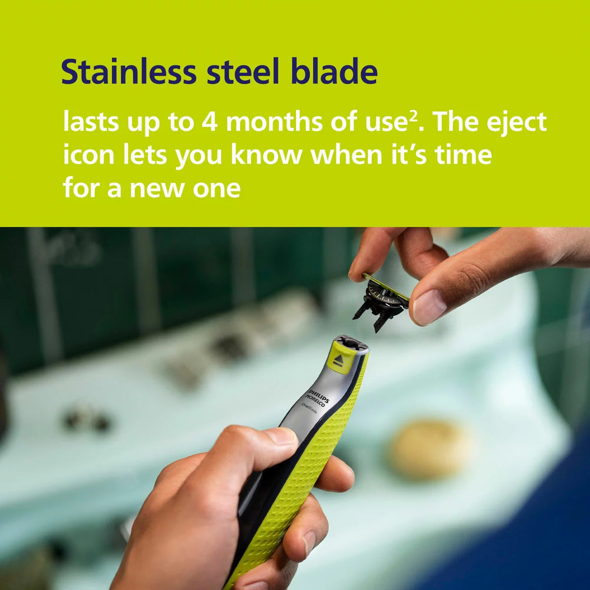 Philips OneBlade handle shown with its 360 blade, adjustable comb, and multiple spare blades against a clean, modern bathroom background.