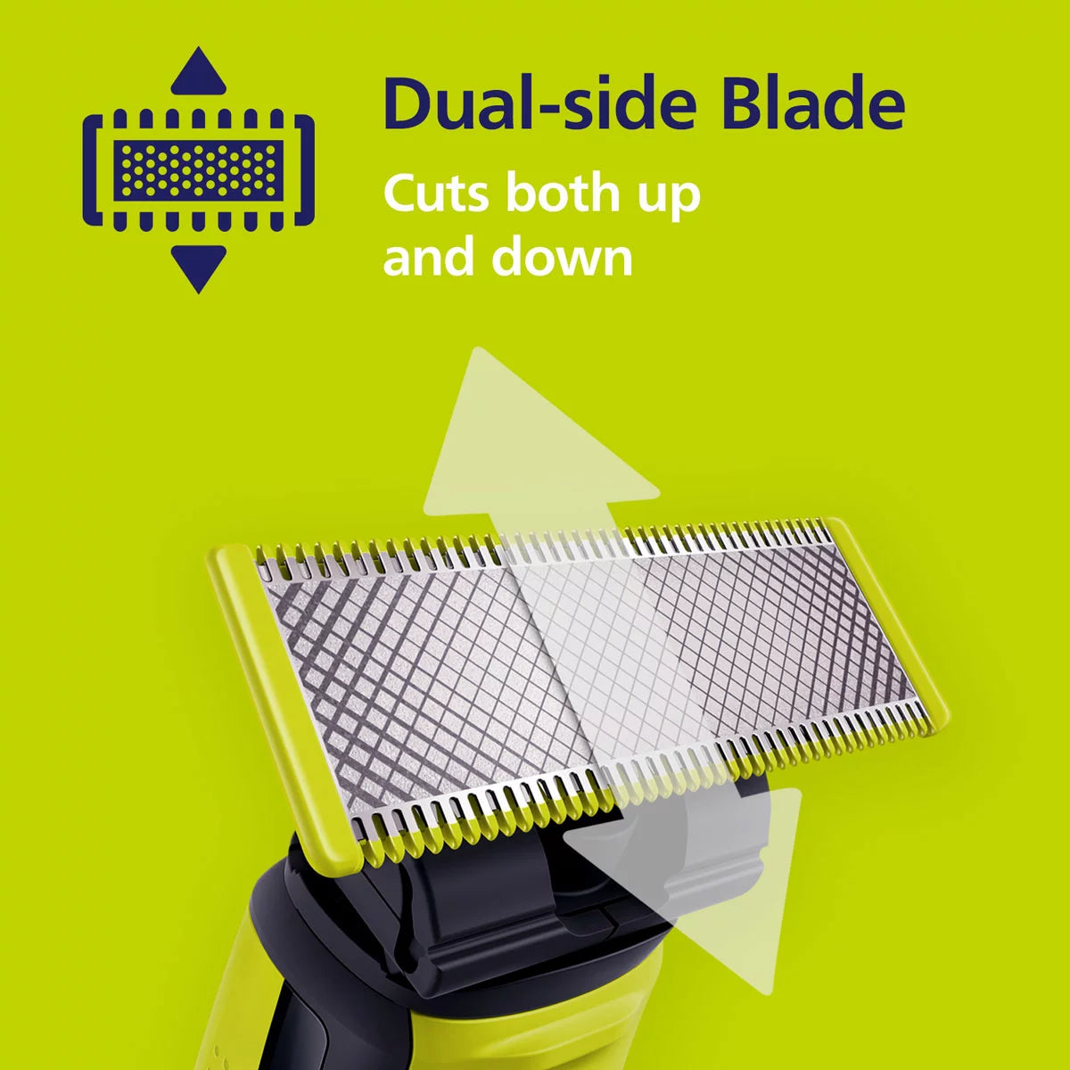 Philips OneBlade handle shown with its 360 blade, adjustable comb, and multiple spare blades against a clean, modern bathroom background.