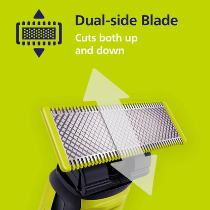 Philips OneBlade handle shown with its 360 blade, adjustable comb, and multiple spare blades against a clean, modern bathroom background.