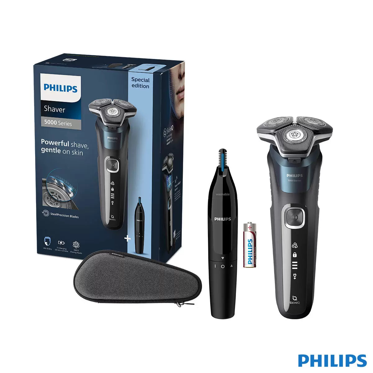 Philips Series 5000 electric shaver in a metallic finish, displayed with its nose trimmer accessory and travel case on a clean bathroom shelf.