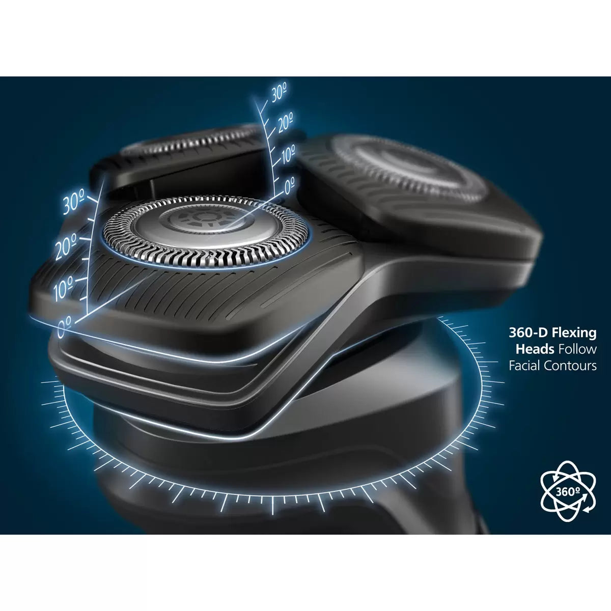 Philips Series 5000 electric shaver in a metallic finish, displayed with its nose trimmer accessory and travel case on a clean bathroom shelf.