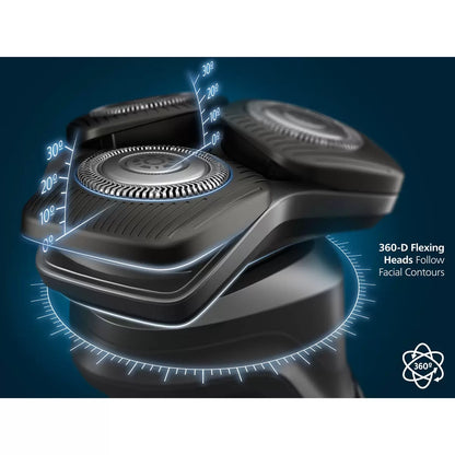 Philips Series 5000 electric shaver in a metallic finish, displayed with its nose trimmer accessory and travel case on a clean bathroom shelf.