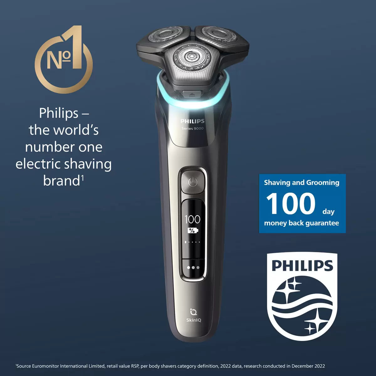 Philips Series 9000 Electric Shaver in its charging stand, with the travel case positioned neatly beside it
