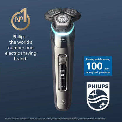 Philips Series 9000 Electric Shaver in its charging stand, with the travel case positioned neatly beside it