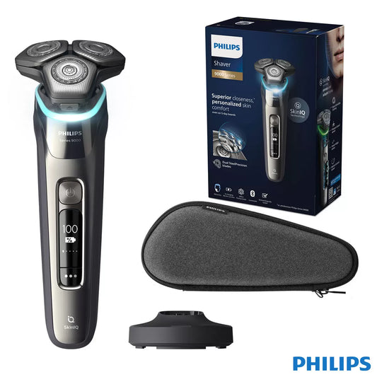 Philips Series 9000 Wet & Dry Electric Shaver with SkinIQ Technology, charging stand, and travel case