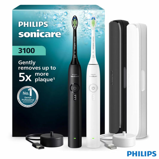 Philips Sonicare 3100 Duo Pack in black and white, displayed alongside two slim travel cases and USB-A charging stands on a clean bathroom shelf.