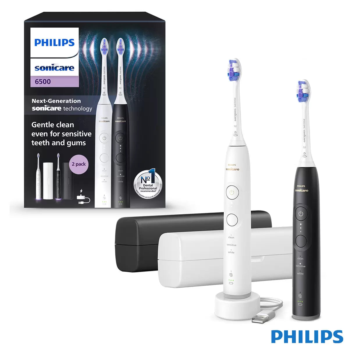 Dual pack Philips Sonicare electric toothbrushes in black and white set