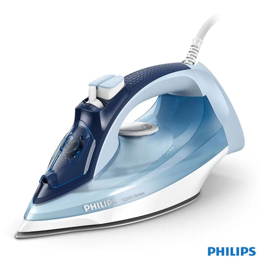 Profile view of the blue and white Philips SteamGlide Plus 5000 Series 2400W iron resting upright on its stable heel.