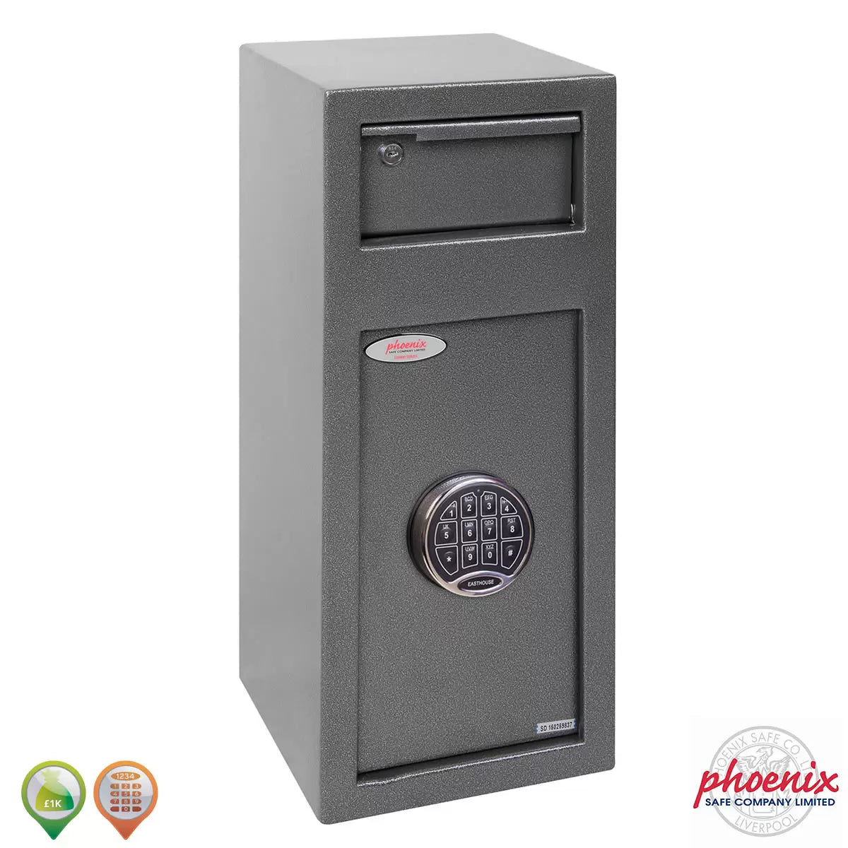 Dark metallic graphite steel deposit safe featuring a front-loading drawer handle above a digital electronic keypad, positioned on a solid concrete retail back-office floor.