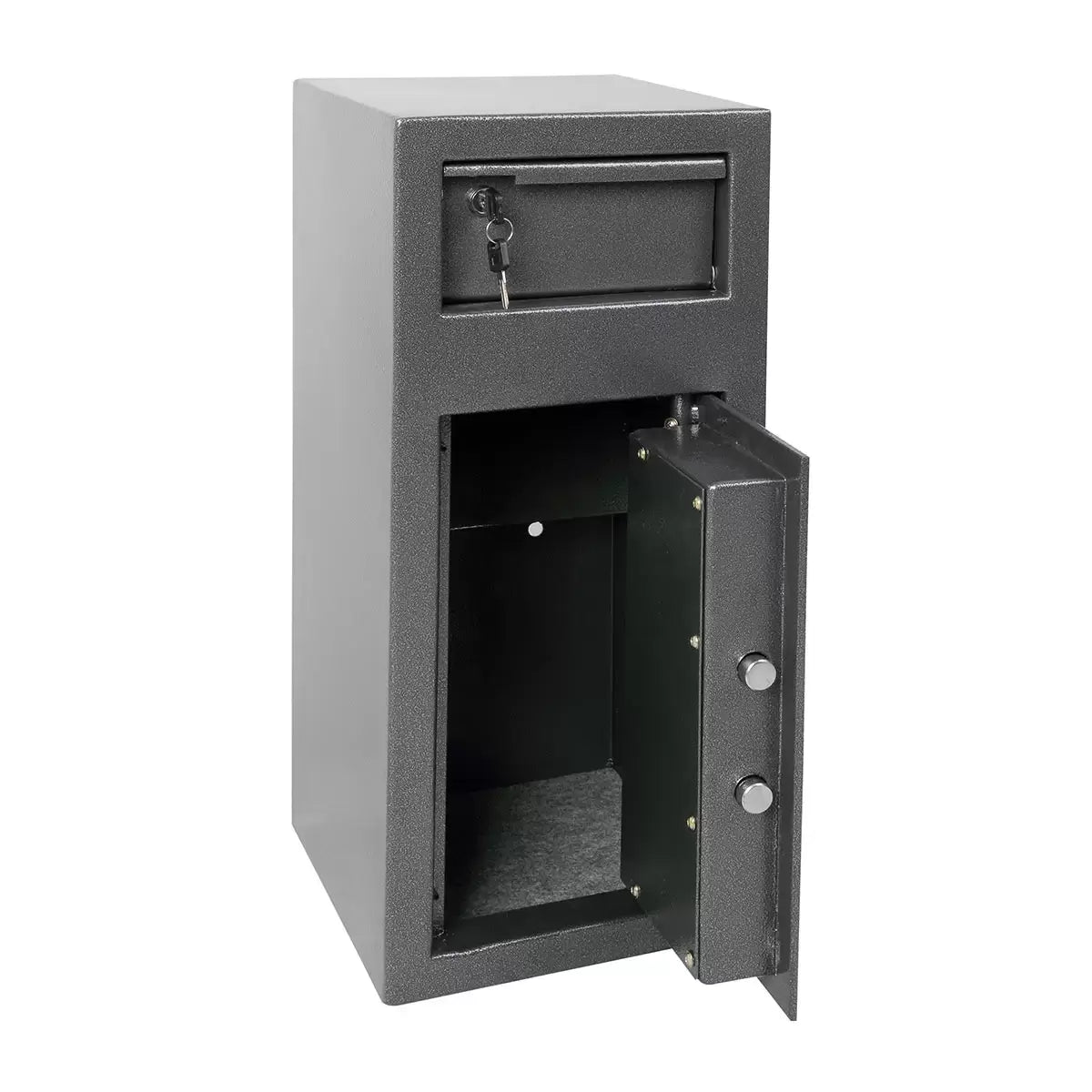 Dark metallic graphite steel deposit safe featuring a front-loading drawer handle above a digital electronic keypad, positioned on a solid concrete retail back-office floor.