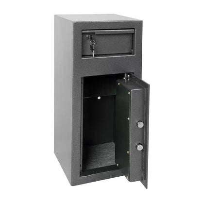 Dark metallic graphite steel deposit safe featuring a front-loading drawer handle above a digital electronic keypad, positioned on a solid concrete retail back-office floor.