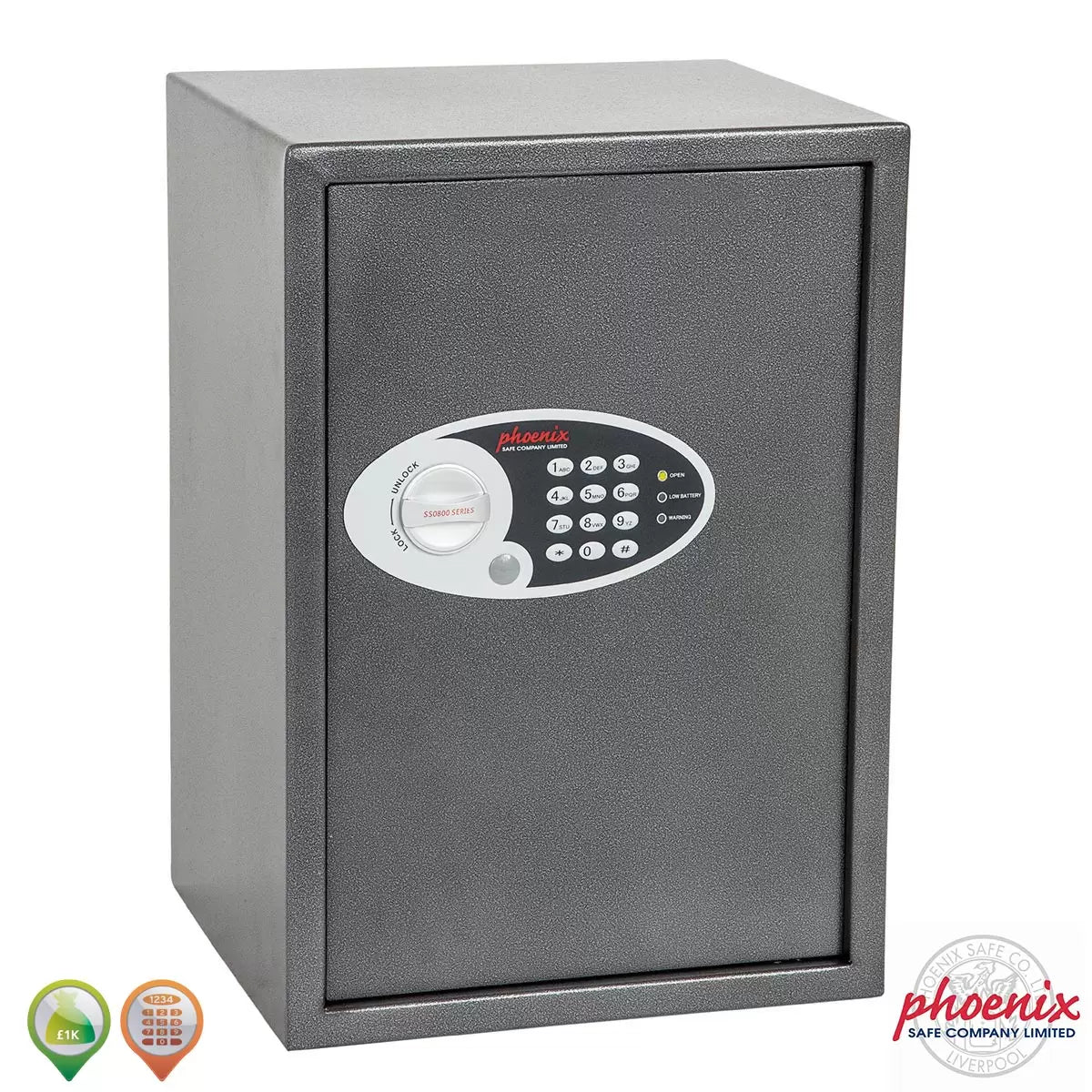 Front perspective view of the dark metallic graphite Phoenix Vela 51-litre security safe, showcasing the digital keypad, key override slot, and sturdy steel door construction against a neutral background.