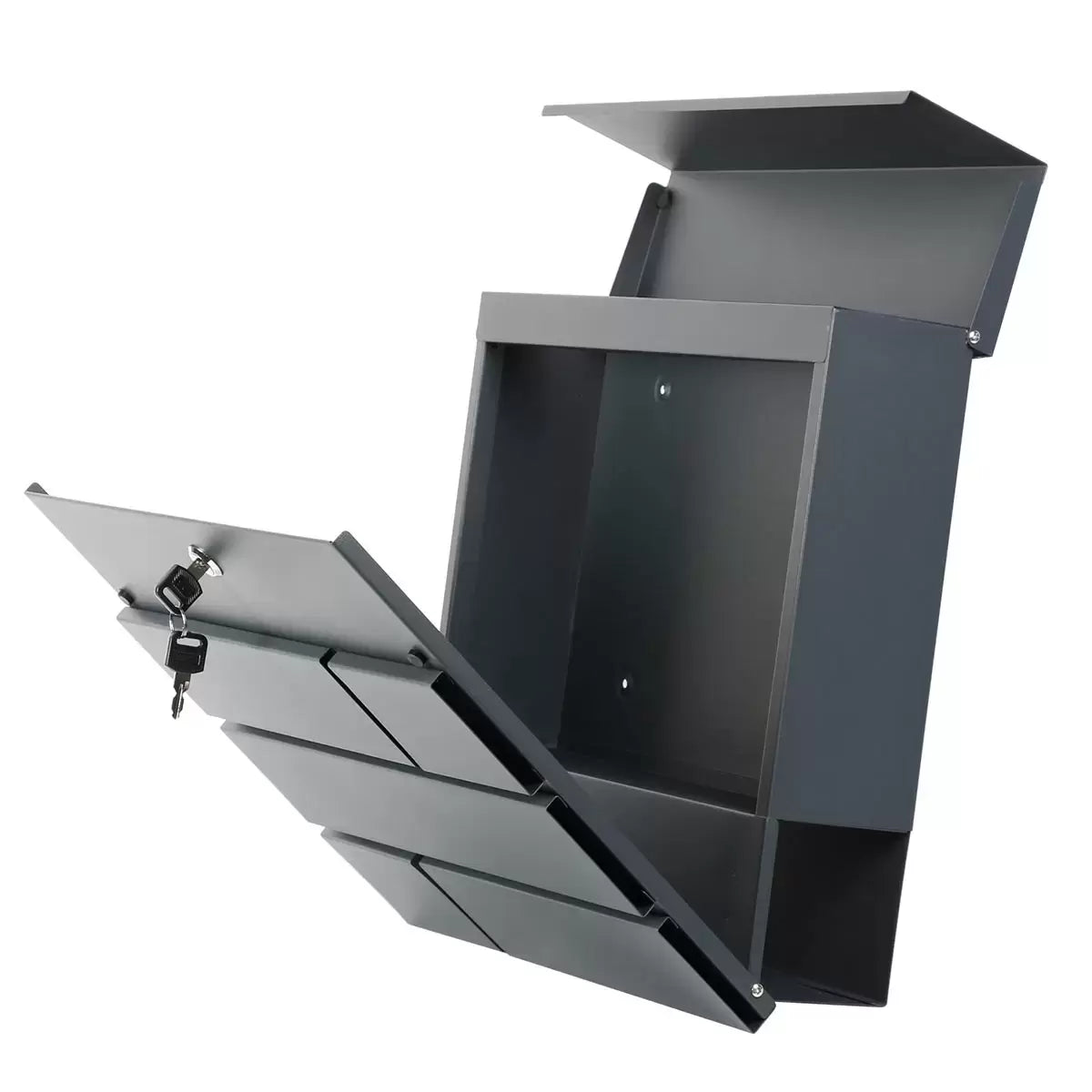 A close-up product photograph of the modern graphite grey Phoenix Estilo letter box mounted securely on an exterior brick wall, showing its matte powder-coated finish and secure key entry.