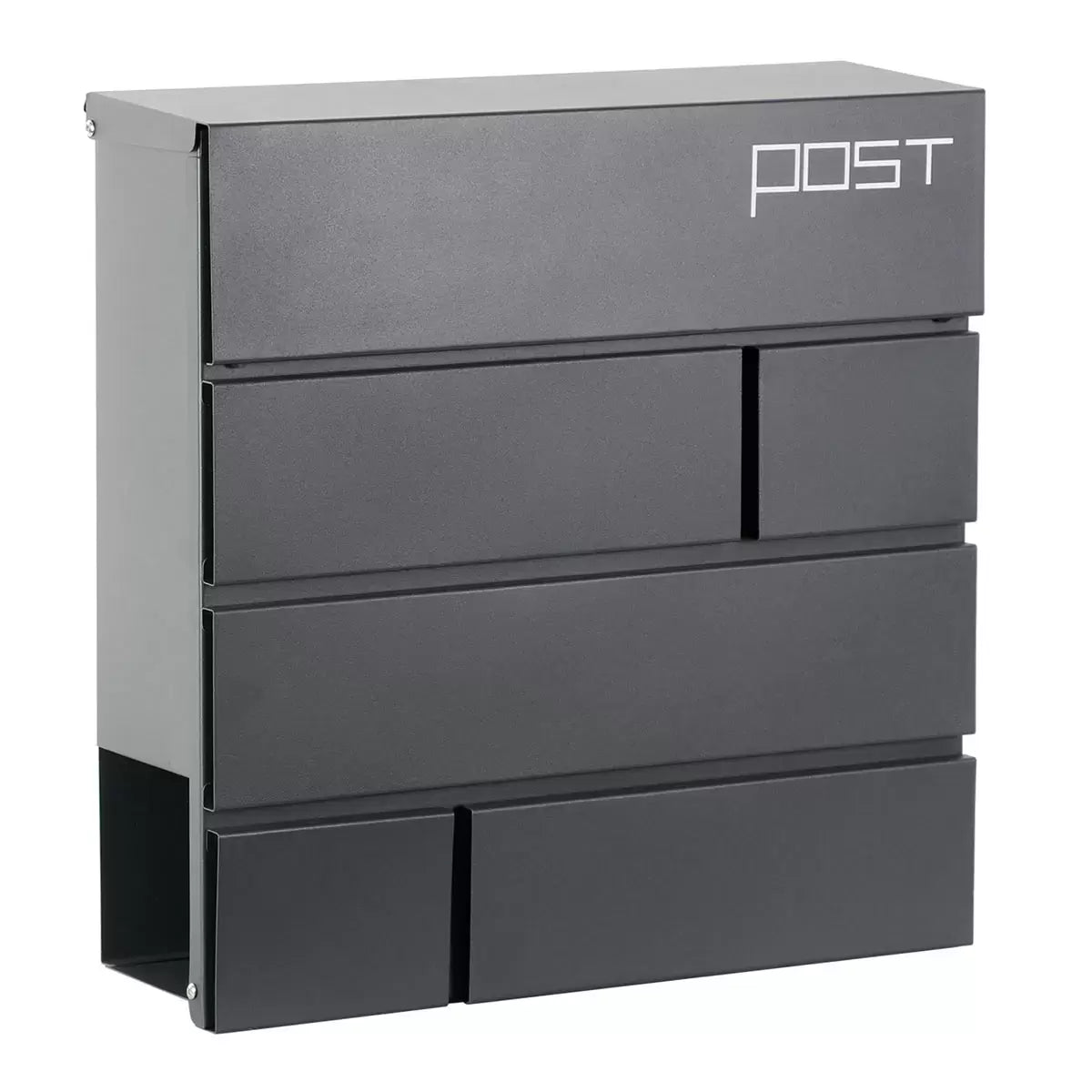 A close-up product photograph of the modern graphite grey Phoenix Estilo letter box mounted securely on an exterior brick wall, showing its matte powder-coated finish and secure key entry.