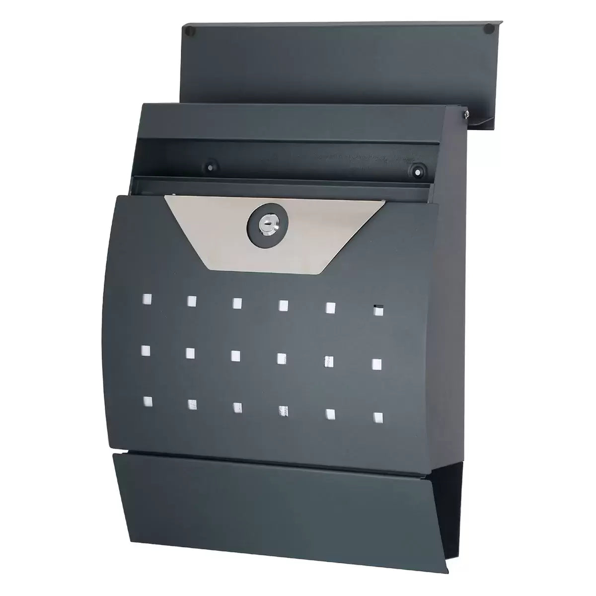 A crisp front-facing shot of the matte graphite grey Phoenix Estilo letterbox mounted on a light brick wall, detailing its front-loading slot and keyed lock chamber.