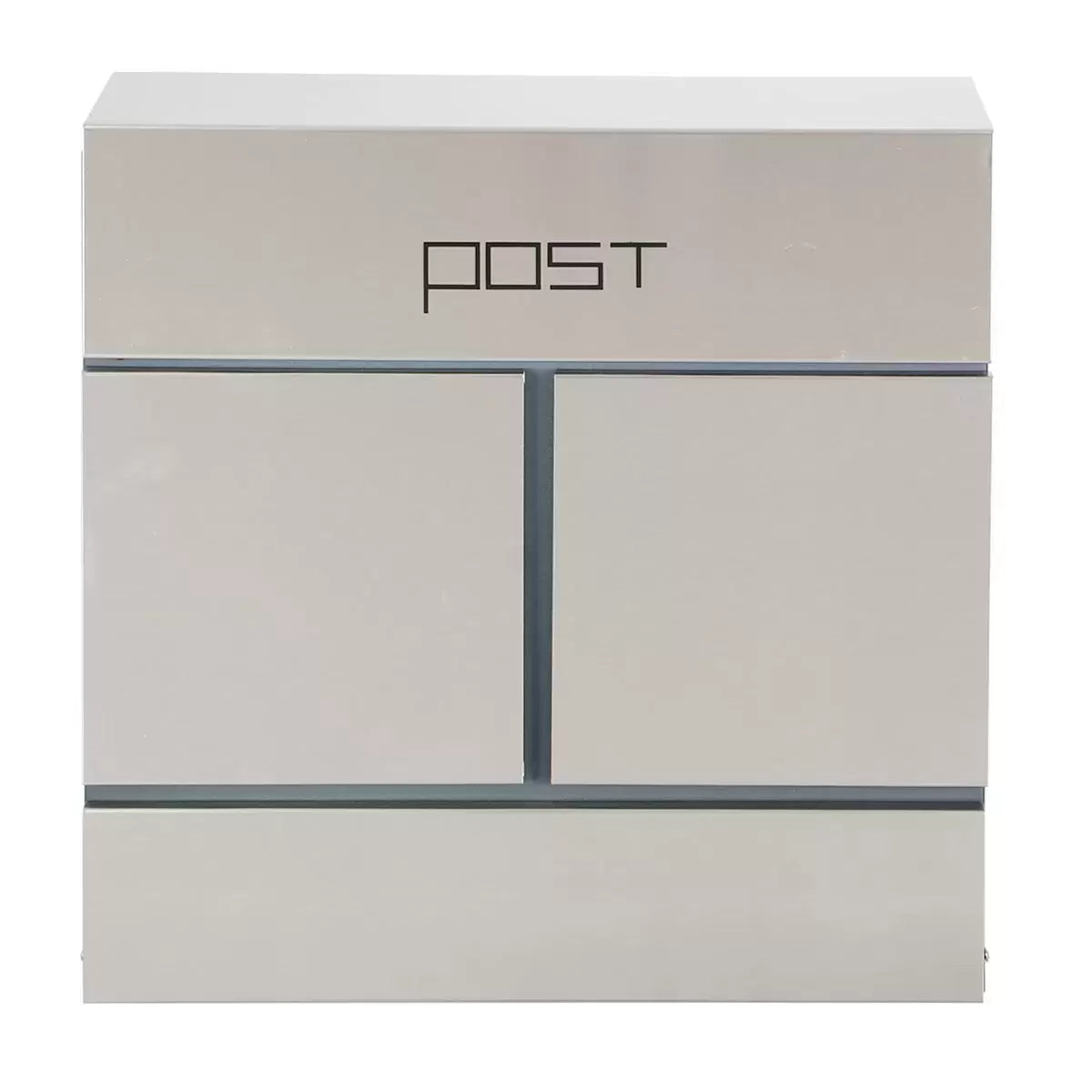 A front-facing product shot of the silver Phoenix Estilo stainless steel letter box mounted on an exterior brick wall, showing its top lid and lower curved newspaper tray.