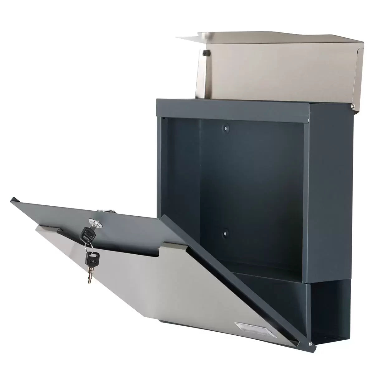 A side-angle product photograph of the silver Phoenix Estilo stainless steel mailbox mounted on a clean exterior wall, emphasizing its weather-resistant top lid and integrated lower newspaper cylinder.