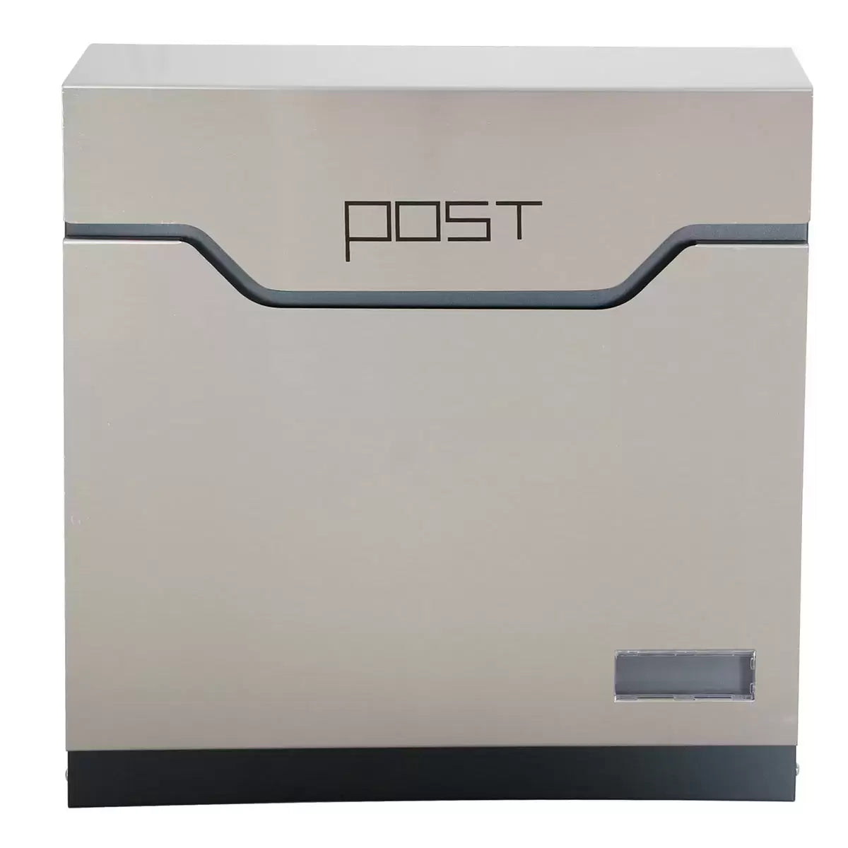 A side-angle product photograph of the silver Phoenix Estilo stainless steel mailbox mounted on a clean exterior wall, emphasizing its weather-resistant top lid and integrated lower newspaper cylinder.