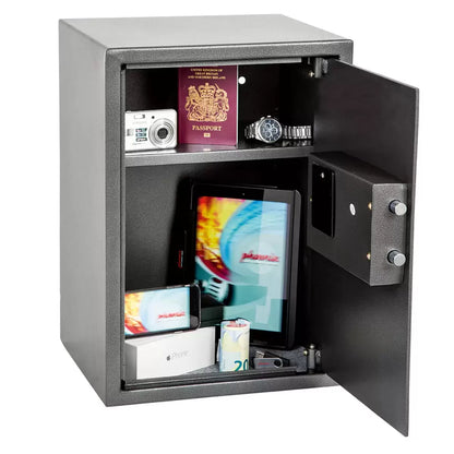 Front-on view of the metallic graphite Phoenix Vela security safe with the door open, revealing the single internal shelf and the integrated LED light illuminating the interior.