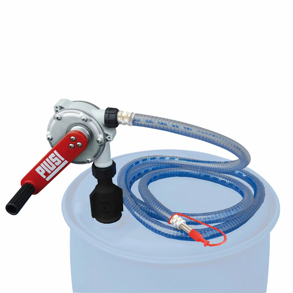 Industrial silver stainless steel Piusi AdBlue Barrel Pump Pro mounted to a 220L drum featuring its black rolling hand grip and 2.5m flexible discharge hose with an anti-crystallisation spout stopper.