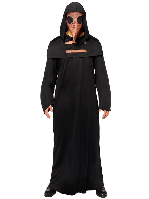 Front view of the black plague doctor adult costume featuring a long-beaked faux leather mask, wide-brimmed hat, and flowing robe on a neutral background.