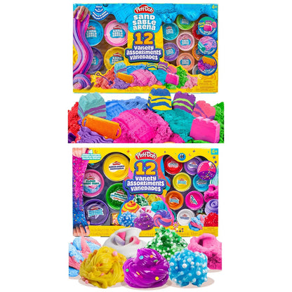 Top view of 12 colorful Play-Doh slime and sand tubs with foam marshmallow mix-ins and molding accessories arranged on a white table.