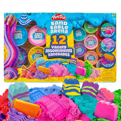 Top view of 12 colorful Play-Doh slime and sand tubs with foam marshmallow mix-ins and molding accessories arranged on a white table.