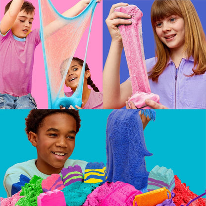 Top view of 12 colorful Play-Doh slime and sand tubs with foam marshmallow mix-ins and molding accessories arranged on a white table.