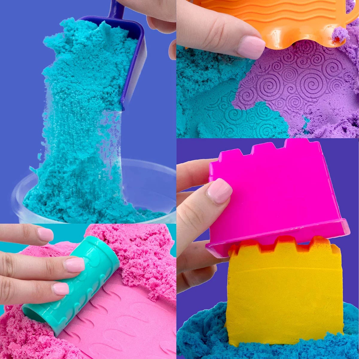 Top view of 12 colorful Play-Doh slime and sand tubs with foam marshmallow mix-ins and molding accessories arranged on a white table.