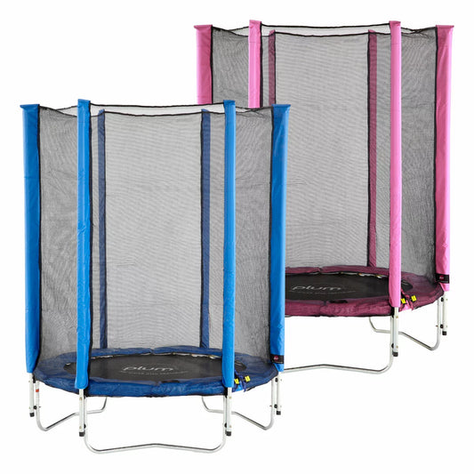 Small Plum 4ft Springsafe trampoline with black safety netting and blue protective padding for kids.