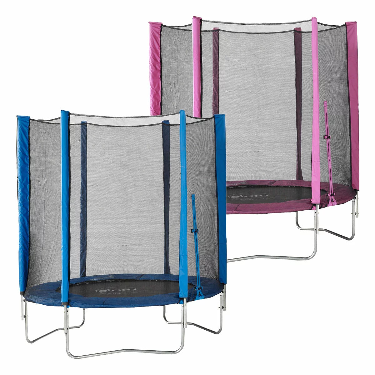 Plum 6ft Springsafe trampoline with black safety netting and colorful padding in a small backyard.