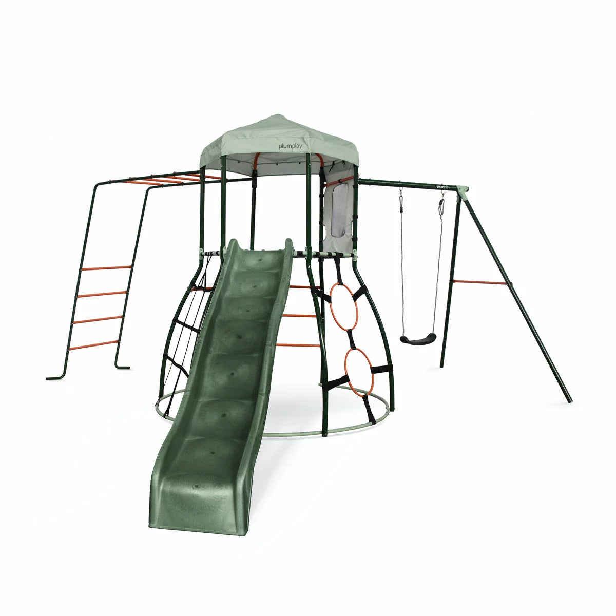 Plum Metal Climbing Dome with slide, monkey bars, and swing arm for children aged 3+, designed for active outdoor play and physical development.