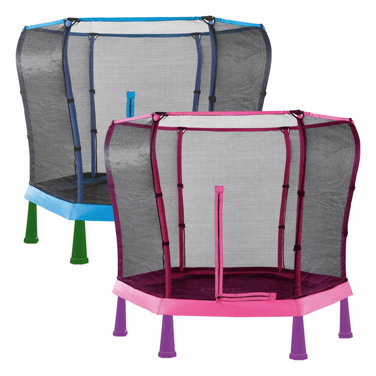 The Plum Shapes 7ft Springsafe Trampoline set on a grassy garden, featuring its signature colourful aesthetic, curved safety enclosure, and durable, protective foam padding.