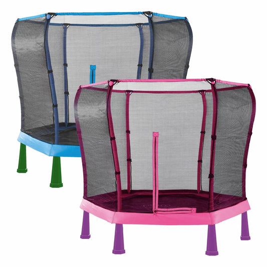 Plum Shapes 7ft Springsafe Trampoline with safety net enclosure and colorful padding in a backyard.