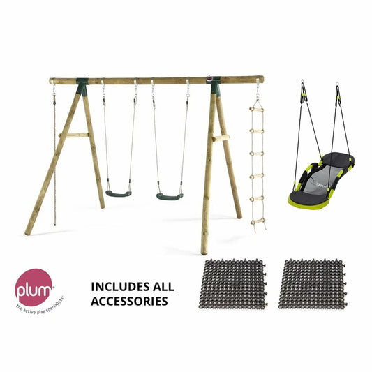 Plum Ultimate IV wooden swing set with double swings, cargo rope ladder, climbing rope, and hammock swing set up on a green grass garden lawn.