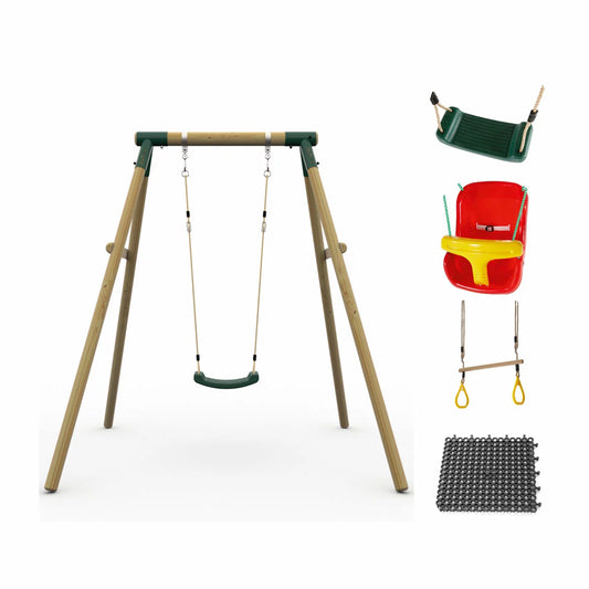A single Plum Ultimate premium wooden swing set made of natural light timber standing on a green lawn.