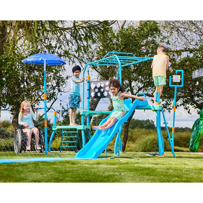 Plum Water Park Blaster Course blue outdoor play centre with climbing frame, water slide, sprinklers, monkey bars, and splash features installed in a garden for children's summer water fun.