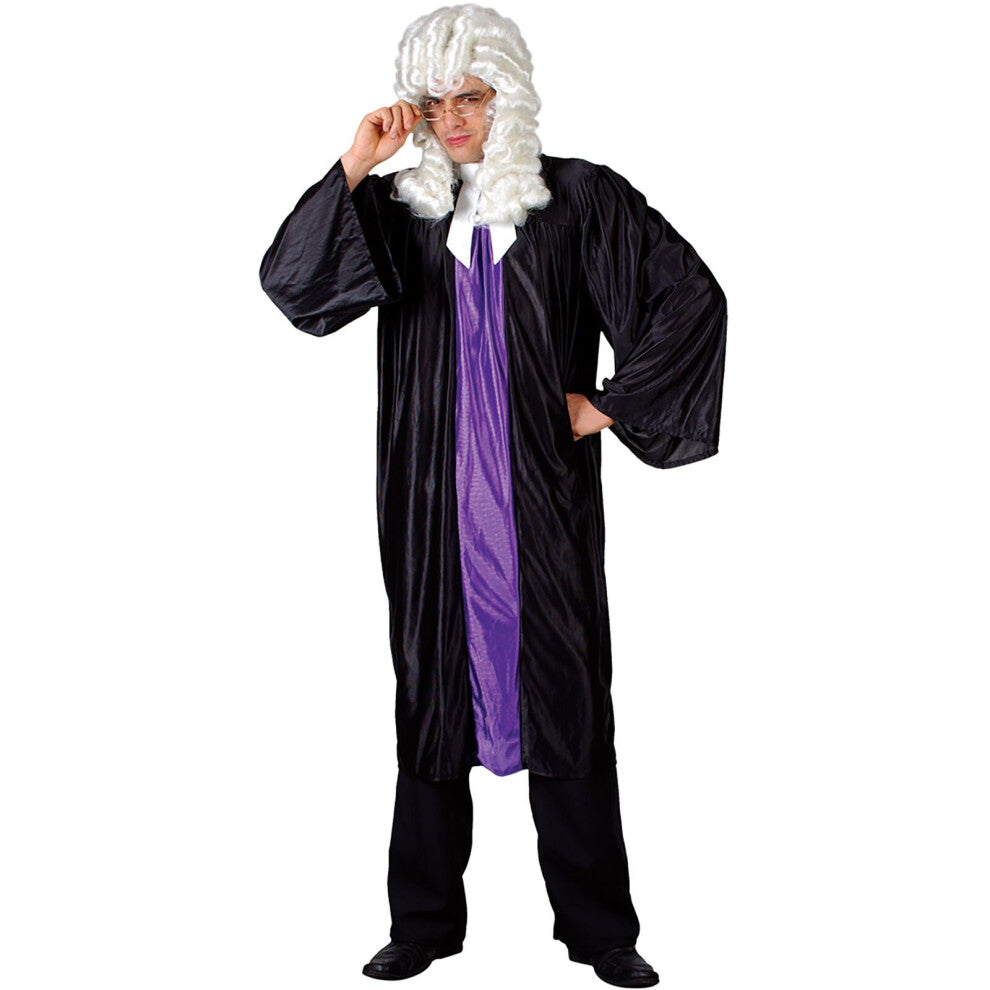 Front view of the High Court Judge Mens Plus Size Costume featuring a full-length black gown with bright purple front trim and attached white collar.