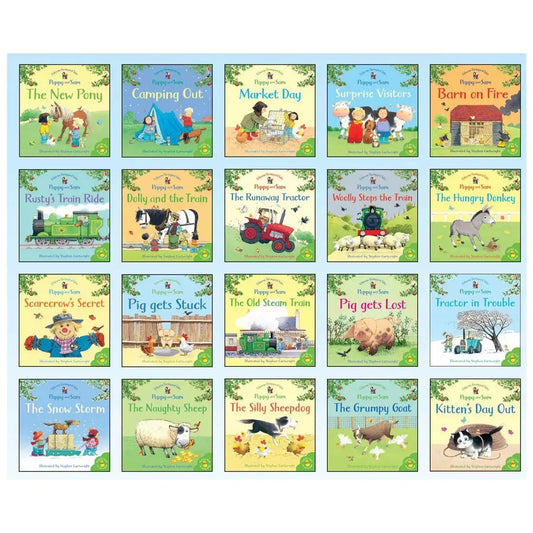 Complete collection of twenty Poppy and Sam Farmyard Tales paperback books displayed together showing colorful farm scene cover illustrations.