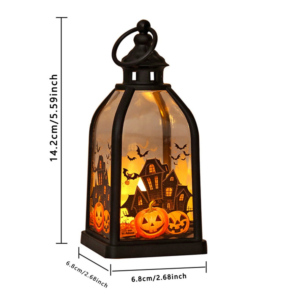 A portable black plastic Halloween handheld lantern glowing warmly with spooky pumpkin and skull pattern designs on a festive party table.