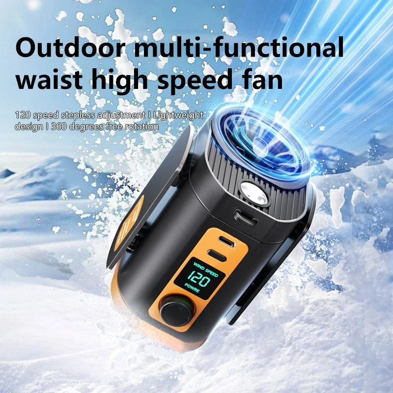 Portable waist clip fan in use, clipped to belt, USB rechargeable wearable cooling fan
