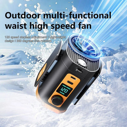 Portable waist clip fan in use, clipped to belt, USB rechargeable wearable cooling fan
