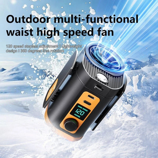 Portable waist clip fan in use, clipped to belt, USB rechargeable wearable cooling fan

