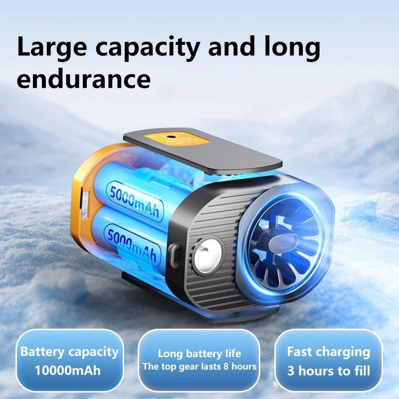 Portable waist clip fan in use, clipped to belt, USB rechargeable wearable cooling fan
