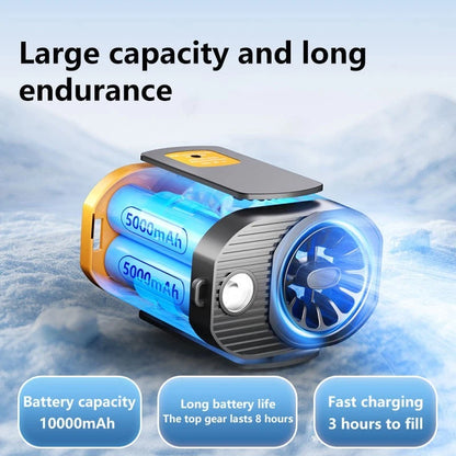 Portable waist clip fan in use, clipped to belt, USB rechargeable wearable cooling fan
