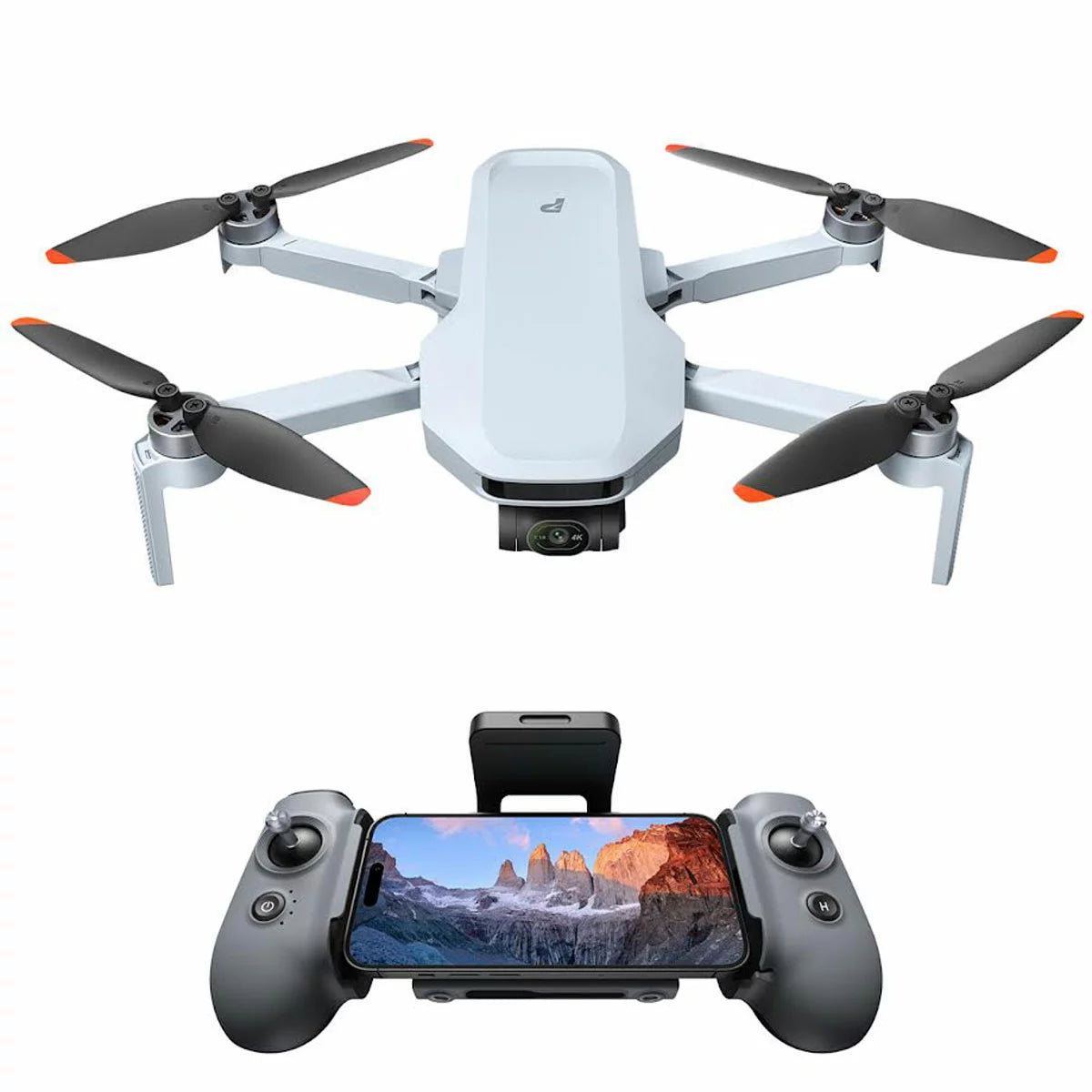 Top-down angle of the matte gray Potensic Atom 2 drone surrounded by its Fly More accessories, extra batteries, carrying case, and 128GB SD card on a dark slate background.