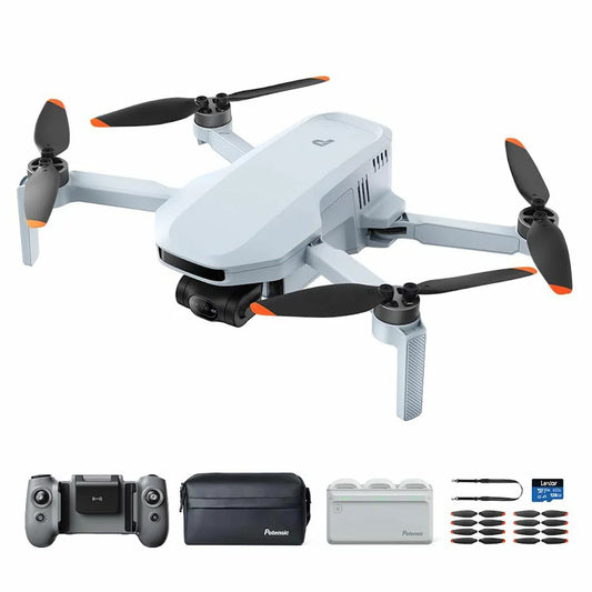 Top-down angle of the matte gray Potensic Atom 2 drone surrounded by its Fly More accessories, extra batteries, carrying case, and 128GB SD card on a dark slate background.