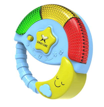 Front view of the blue star-shaped Pray and Play Islamic toy showing its center speaker grille and colorful printed buttons on a white background.