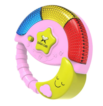 Front view of the blue star-shaped Pray and Play Islamic toy showing its center speaker grille and colorful printed buttons on a white background.